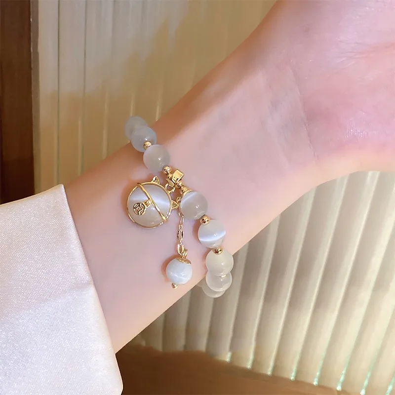 Beaded Bracelet Opal Beaded Bracelet Women Lucky Cat Pendant Adjustable Bracelets Fashion Friendship Jewelry Gifts