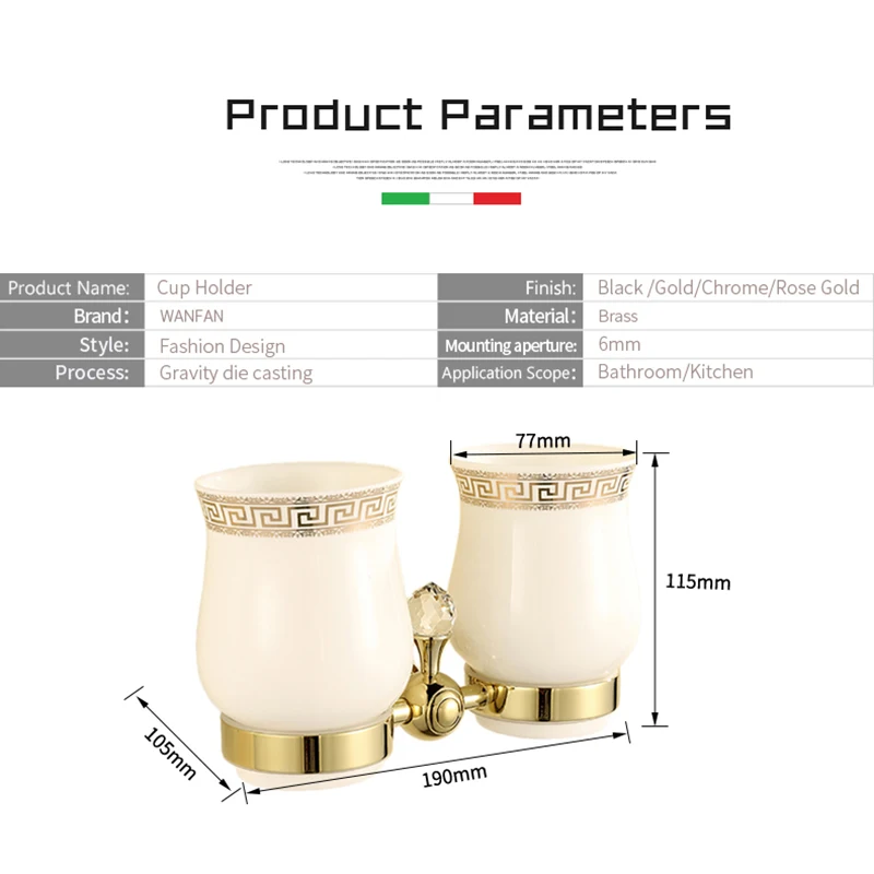 Cup & Tumbler Holders Crystal Brass Ceramic Cup Bathroom Accessories Chrome Double Tumbler Holders Toothbrush HK-32