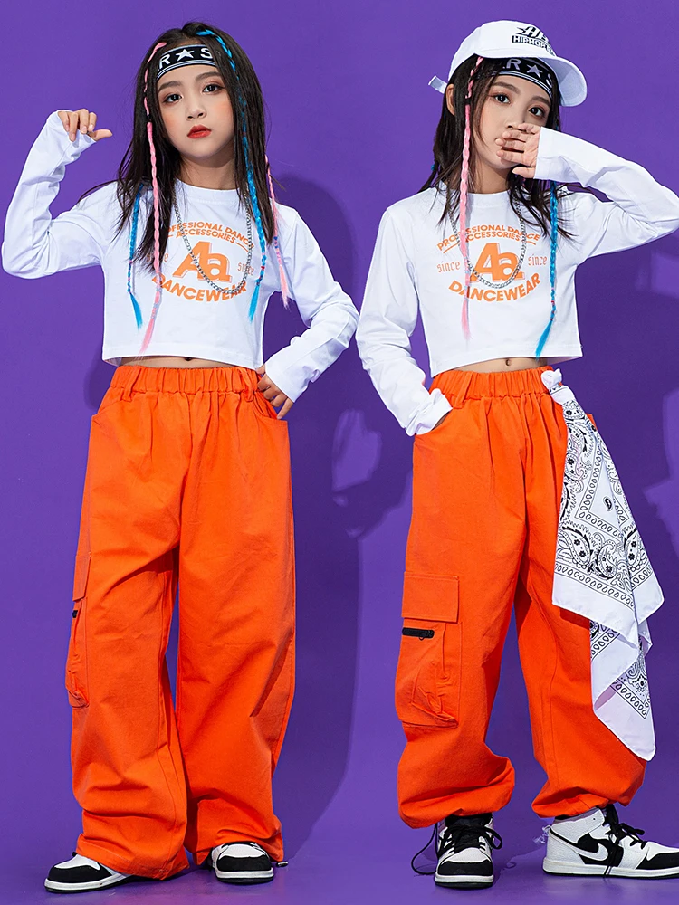

Kids Jazz Dance Costume Girls Hip Hop Clothes Orange Cargo Pants Long Sleeves Navel Kpop Wear Hiphop Performance Outfit DNV16871