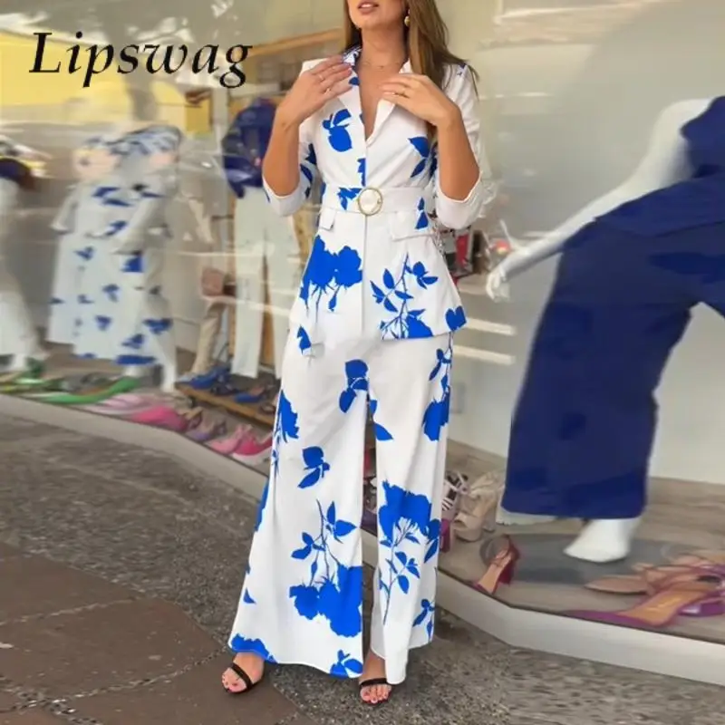 

Women Fashion Leaf Print Sets Office Lady Elegant Lapel Belt Blazer Set Casual Long Sleeve Suit Coat And Wide Leg Pants Outfits