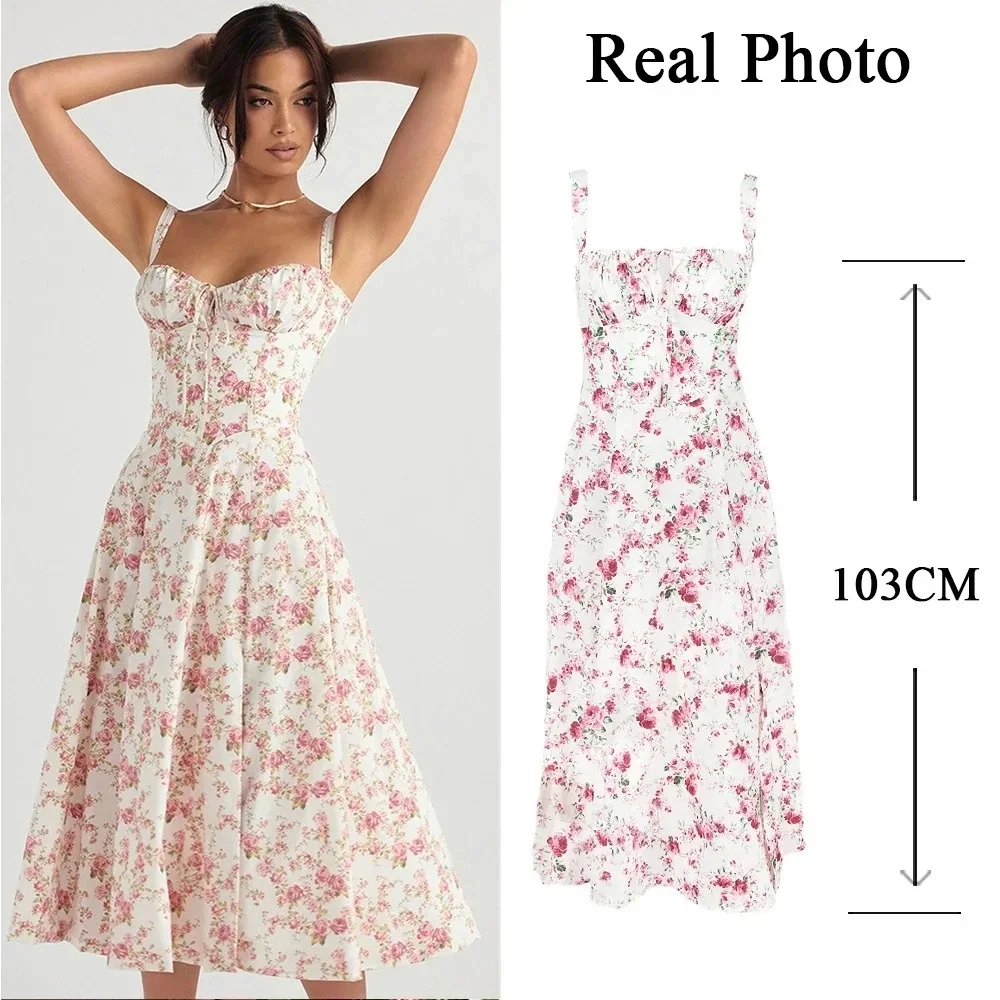 Women's Summer Floral Midi Dress with Slit and Lace Up Detail