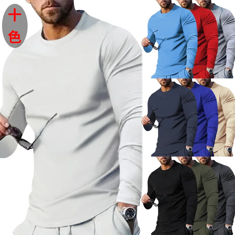 

Spot European Men's Spring And Autumn Wear2023long Sleeve Round Neck Solid Color Top Basett Shirt