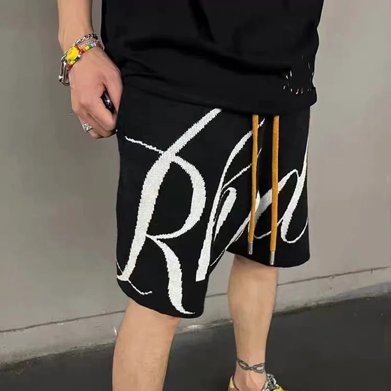 

2022 Rhude Knitted Shorts Letter Logo Printed Drawstring High Street Rough Edge Men's And Women's Casual Shorts