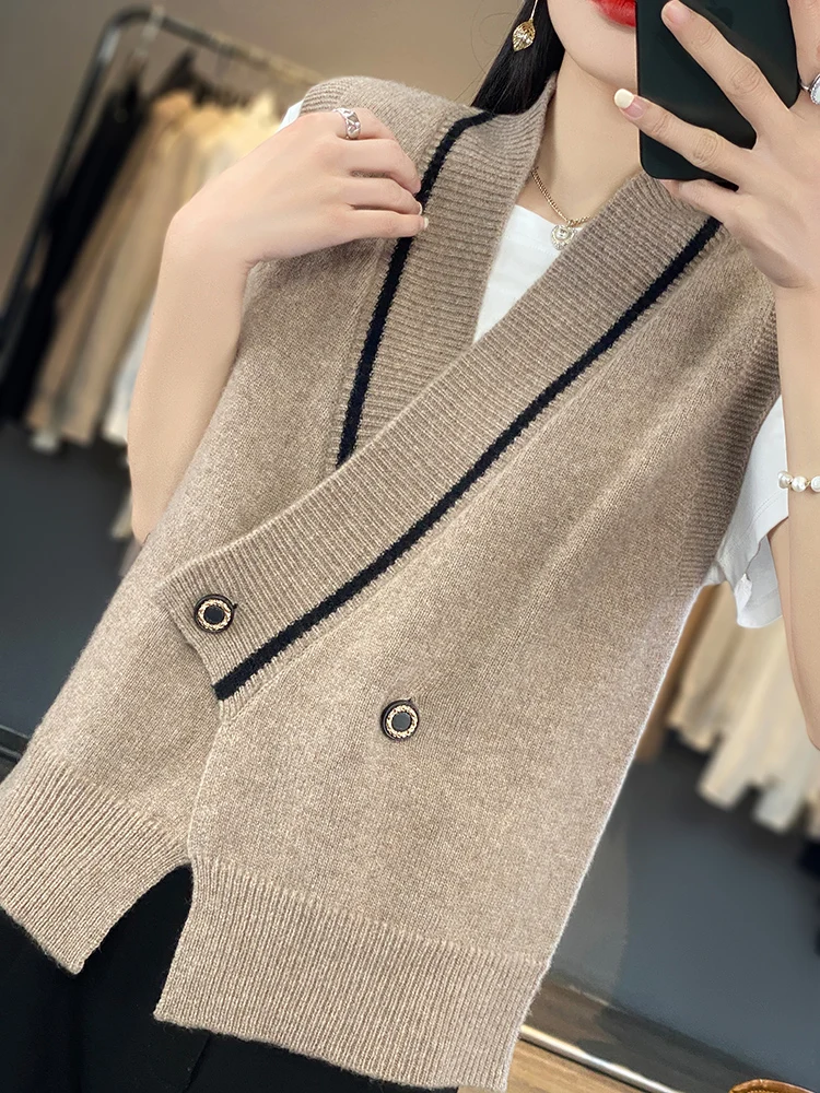 Women's Loose Knitted Vest Top Color Blo Design Spring Autumn Casual Sle Svel Outerwear V-Ne Button Detail
