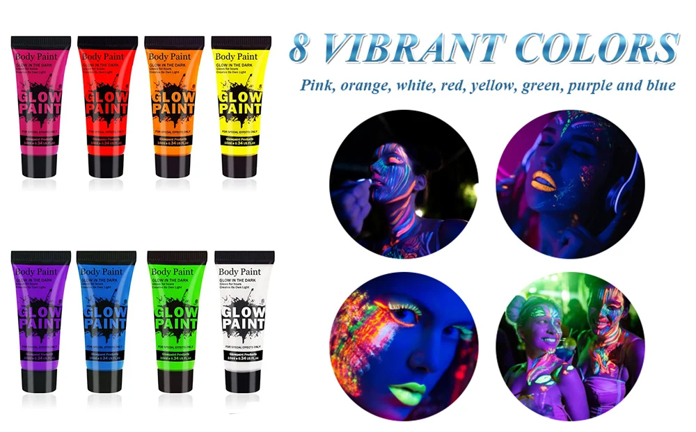 Description Picture 2 of item8 Pack UV Neon Face Paint Set Glow in the Dark Body Paint Fluorescent Brightest Glow Under UV for Child Makeup Halloween Party