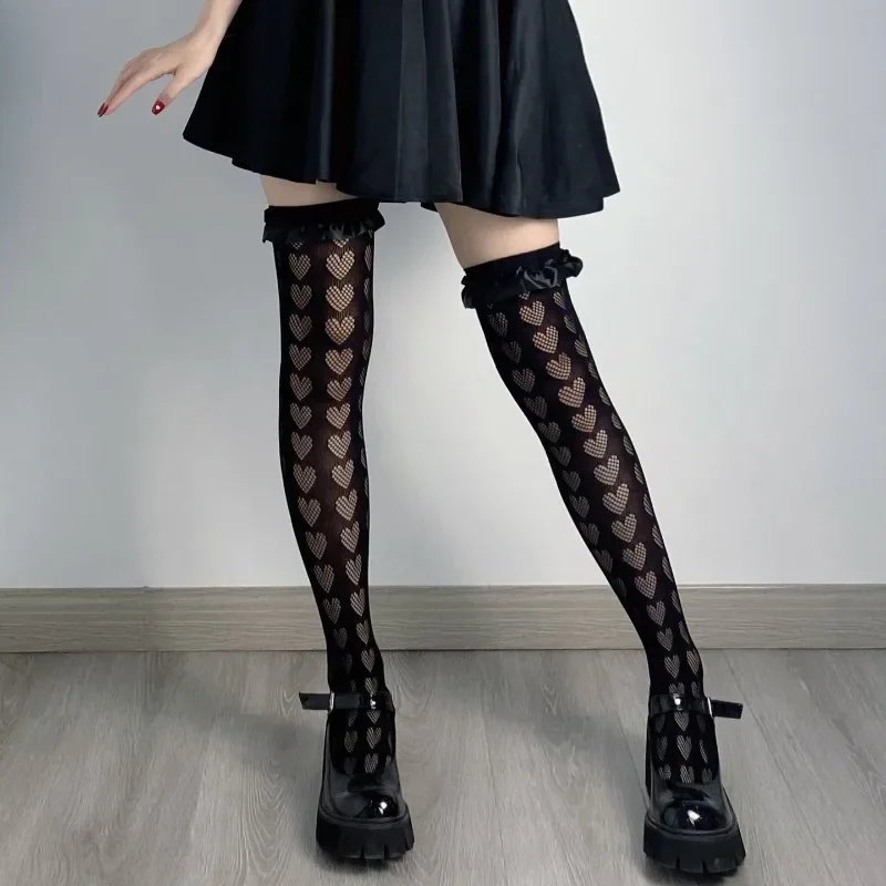 Kave Lolita Netzstrümpfe für Damen, Kawaii japanischer Stil, gerüschte, herzgestreifte, mit Spitze gemusterte Overknee-Strümpfe – Detail 2
