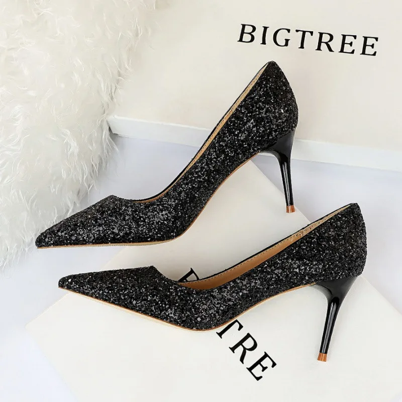 

Luxury Sexy High Heels Women's Shoes 7cm Slim Heels Fashion Sequins Large Size Single Shoes Party Workplace Shoes Wedding Shoes