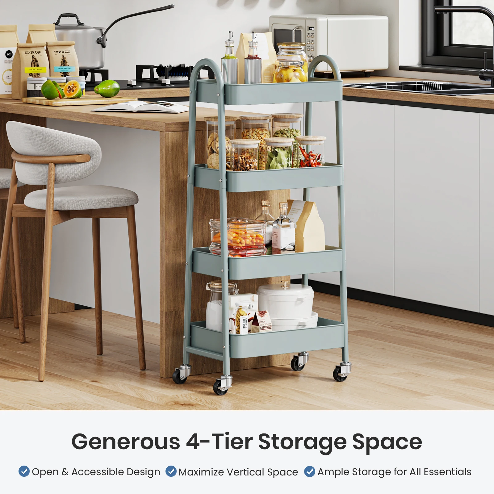 MCQ 4 Tiers Mobile Metal Frame Kitchen Cart Rolling Storage Shelf with Lockable Caster Wheels Organization Utility Cart for Livingroom Kitchen Narrow Places 