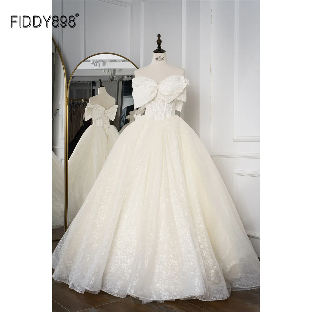 

FIDDY898 Sleeveless Wedding Dresses Elegant Sweetheart Lace A-line with Pearls Beaded Bridal Gowns with Bow QW01277