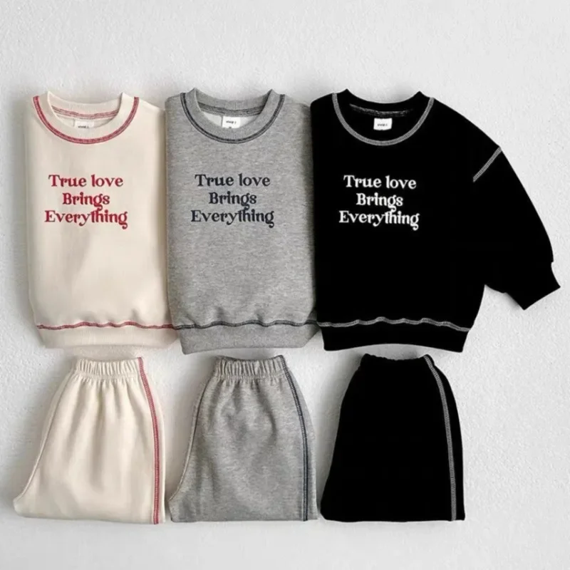 Baby Boys Girl 2024 Autumn Clothes Set Children Long Sleeve Letter Print Cotton Tops+Pants 2Pcs Kids Embroidery Clothing Outfits 2