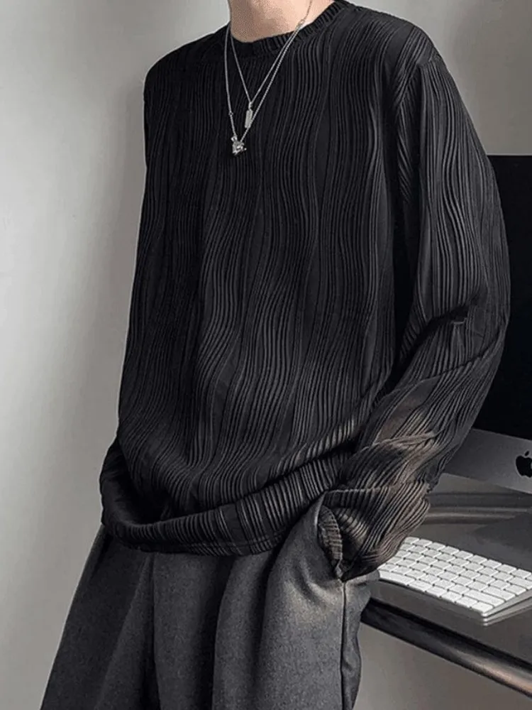 

Men's Solid Textured Long Sleeve Vintage Size Harajuku Aesthetics Top Autumn Academy Hip Hop Casual Oversized T-shirt