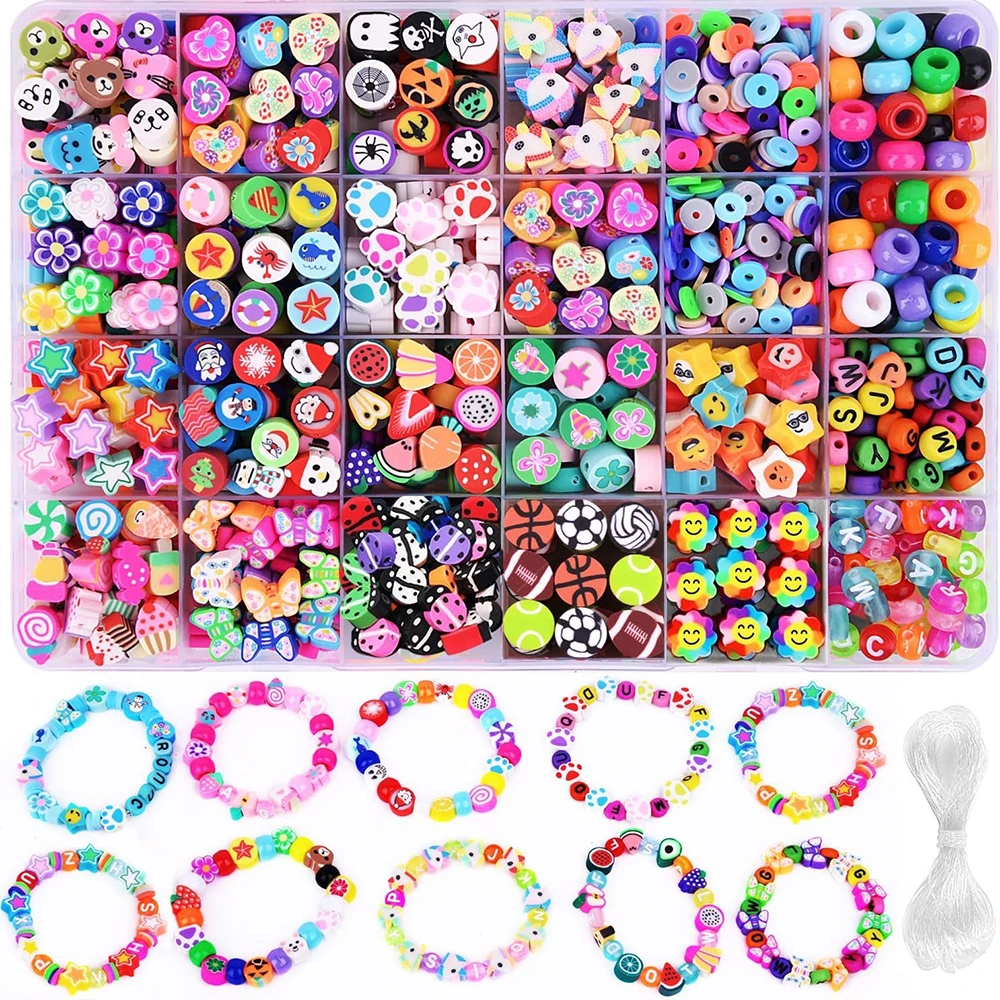 700 Stück Polymer-Ton-Perlen, Armband-Herstellungsset, 24 Stile, niedliche lustige Perlen, Obst-Blumen-Perlen, Charms für die Herstellung von Schmuck und Halsketten