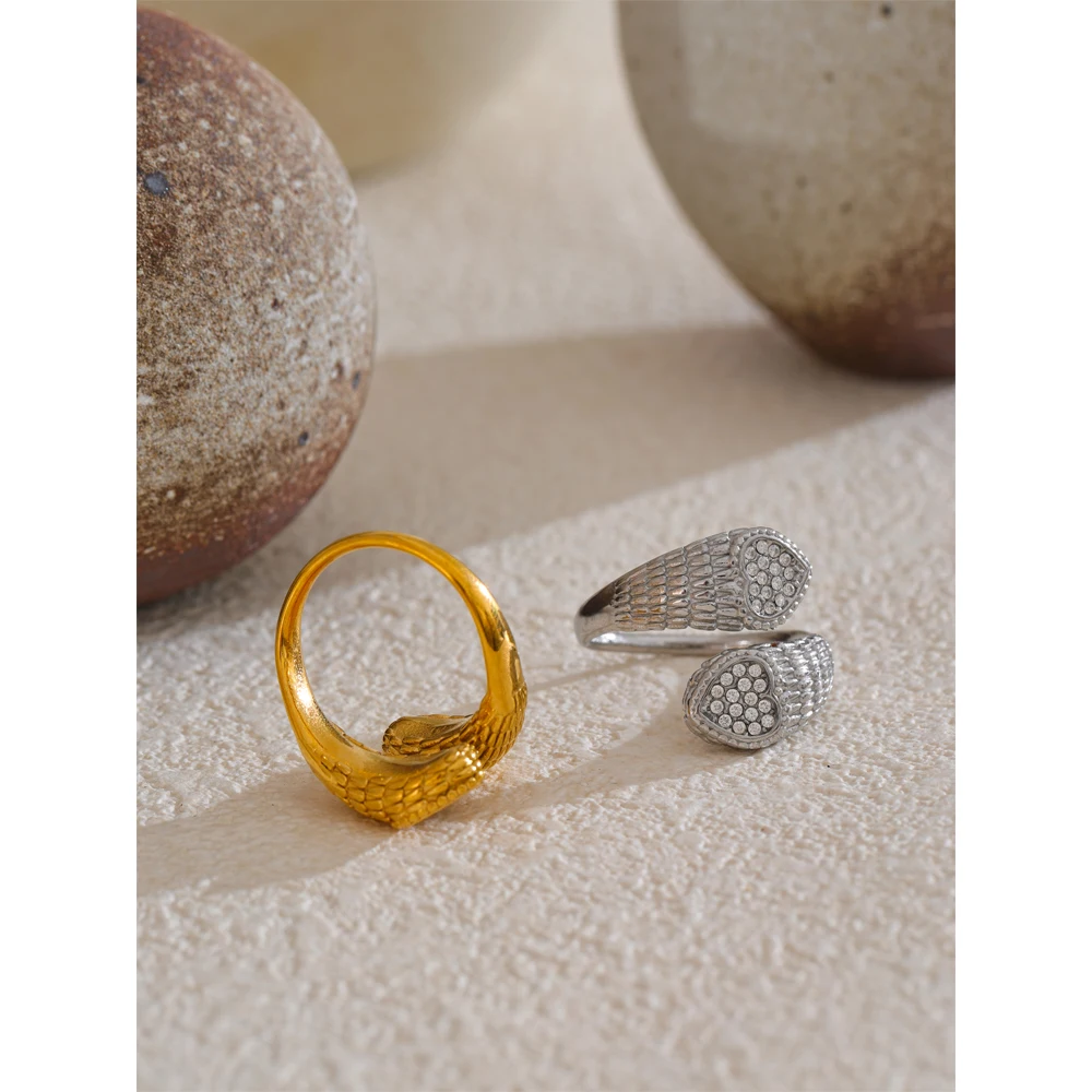 Yhpup Adjustable Stainless Steel Zirconia Heart Snake Ring for Women