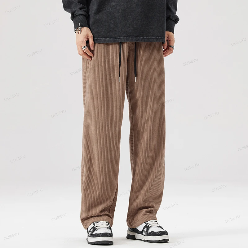 OUSSYU Brand Autumn Winter Men's Stripe Corduroy Pants Elastic Waist Drawstring Straight Thick Outdoors Loose Casual Trousers 3