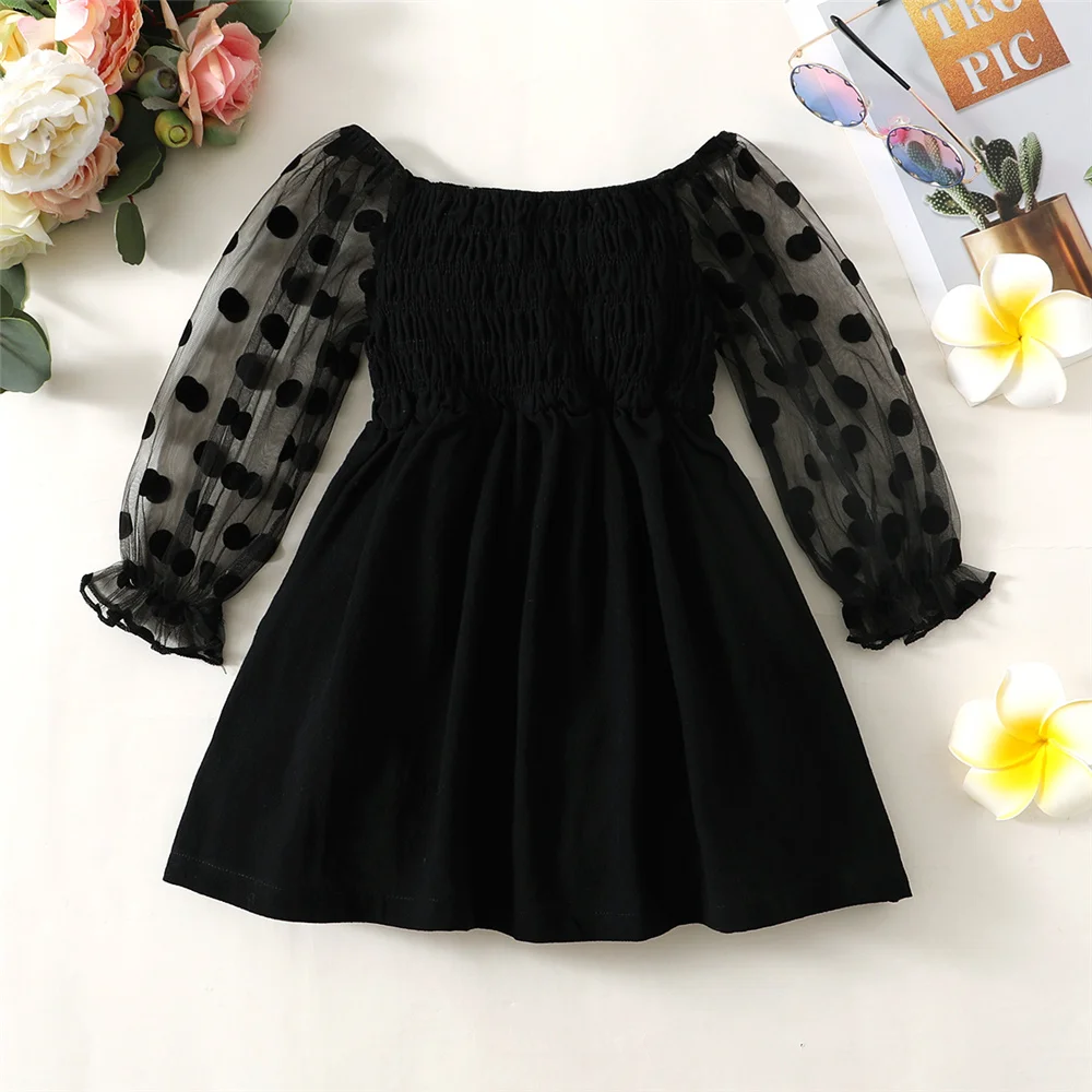 Girl's Fashion Off the Shoulder Dress with Mesh Puffed Sleeves 1