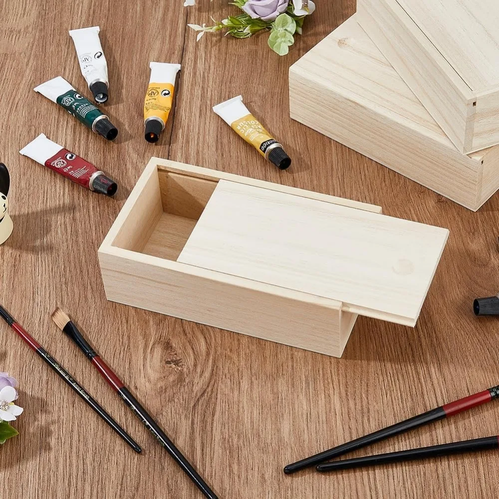 6Pcs Wood Box with Slide Lid 6.6x3.7inch Unfinished Wooden Storage Box Small Wooden Trinket Storage with Slide Top