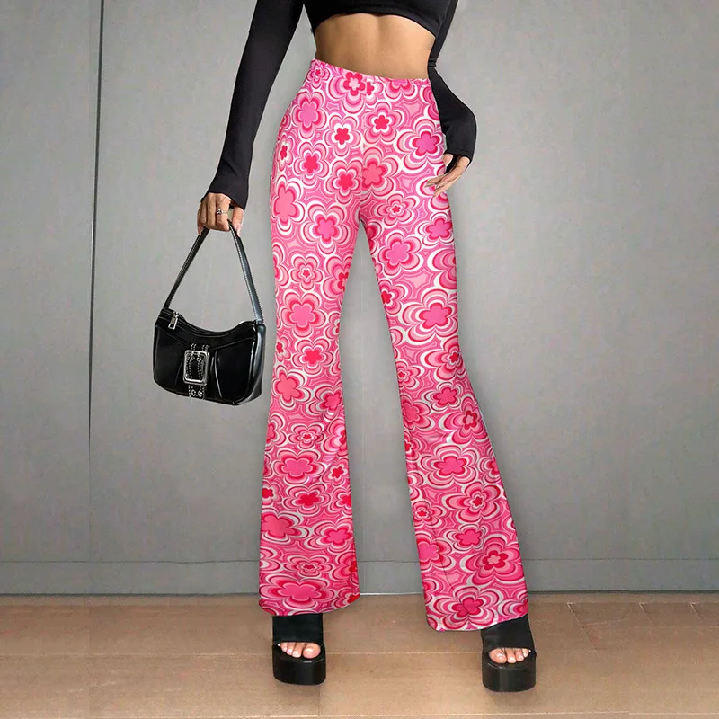 2024 Women's Summer New Patchwork High-waisted Elasticized Printing Slim Fit Fashion Minimalist Comfortable Casual Flared Pants
