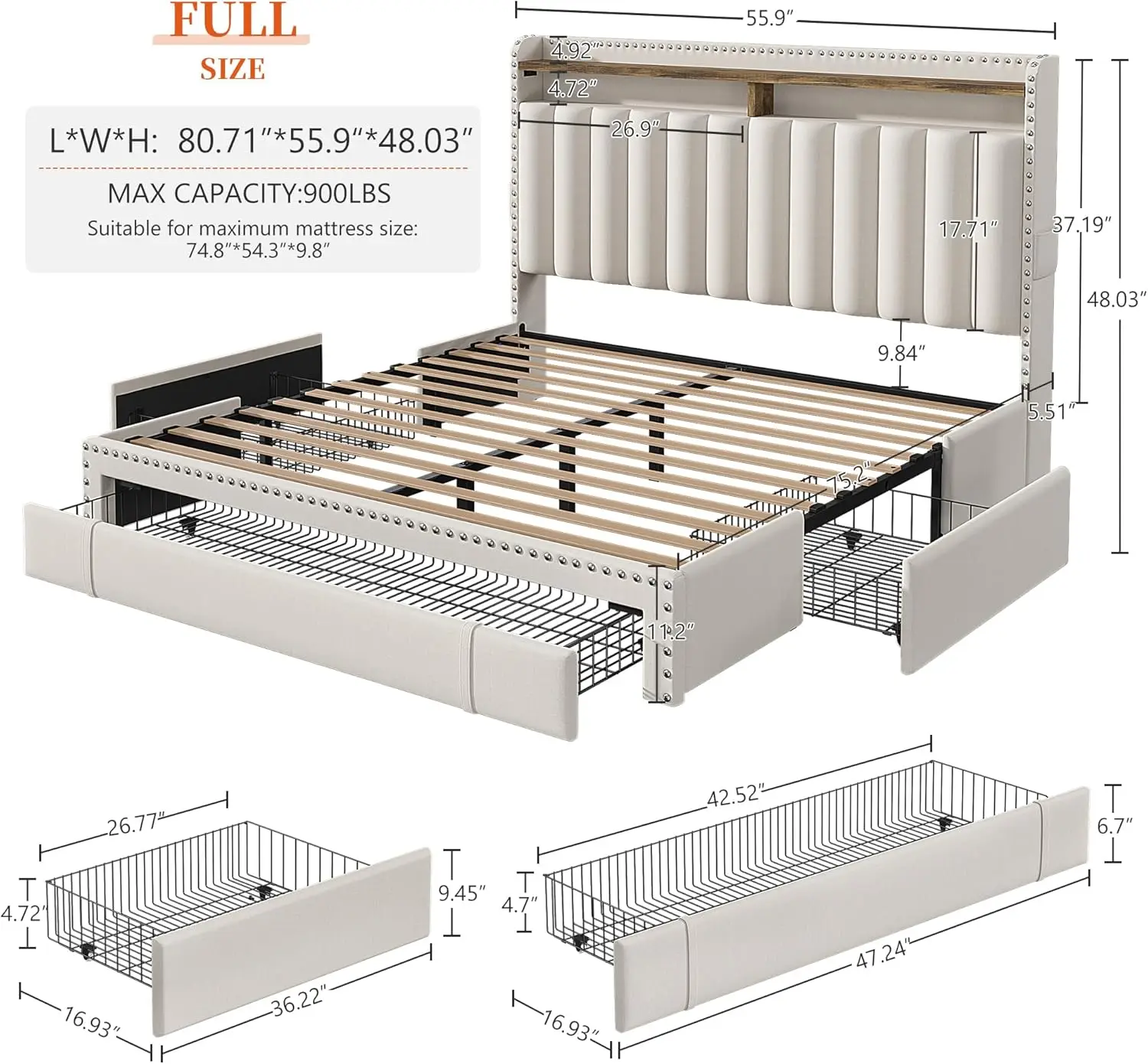 Full Size Bed Frame with 3 Storage Drawers,Upholstered Full Size Bed Frame with Headboard,Strong Support with Wooden Slats Beige 3
