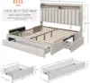 Full Size Bed Frame with 3 Storage Drawers,Upholstered Full Size Bed Frame with Headboard,Strong Support with Wooden Slats Beige 3