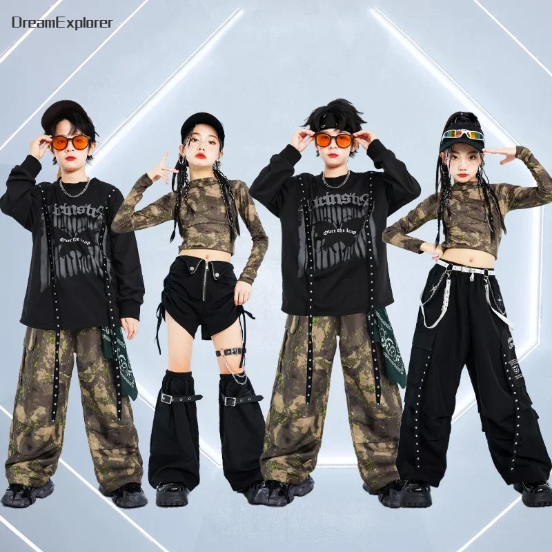 Hip Hop Mädchen Crop Hoodies Street Dance Camouflage Cargo Pant Jungen Streetwear Sweatshirt Kind Jazz K-pop Kostüme Kleidung Sets