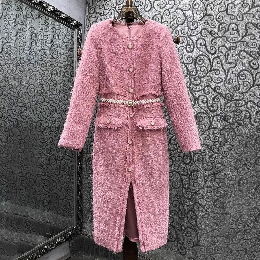 

New 2023 Winter Fashion Style Dress High Quality Women Beading Belt Deco Split Sexy Long Sleeve Mid-Calf Length Pink Wool Dress