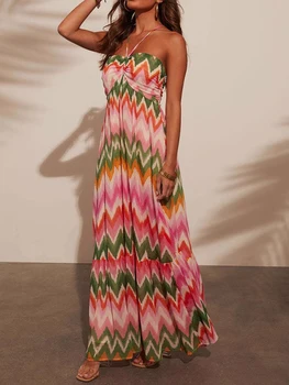 Women Maternity Summer Dress Casual Wave Stripe Print Cross Straps Backless A-Line Dress for Pregnancy Clothes 4