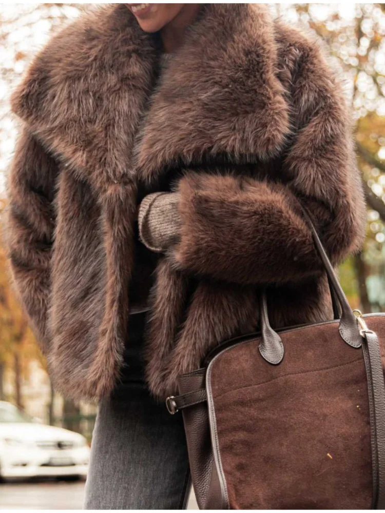 Lapel Brown Women Short Faux Fur Coat Luxurious Fluffy Long Sleeve Warm Jacket 2024 Autumn Winter Lady Solid High Street Outwear 4