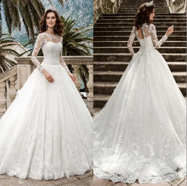 

long Sleeved 2023 Winter Simple Wedding Dress For Women O-neck Lace Embroidery A-line Bridal Dress Plus Size Vestido De Noiva