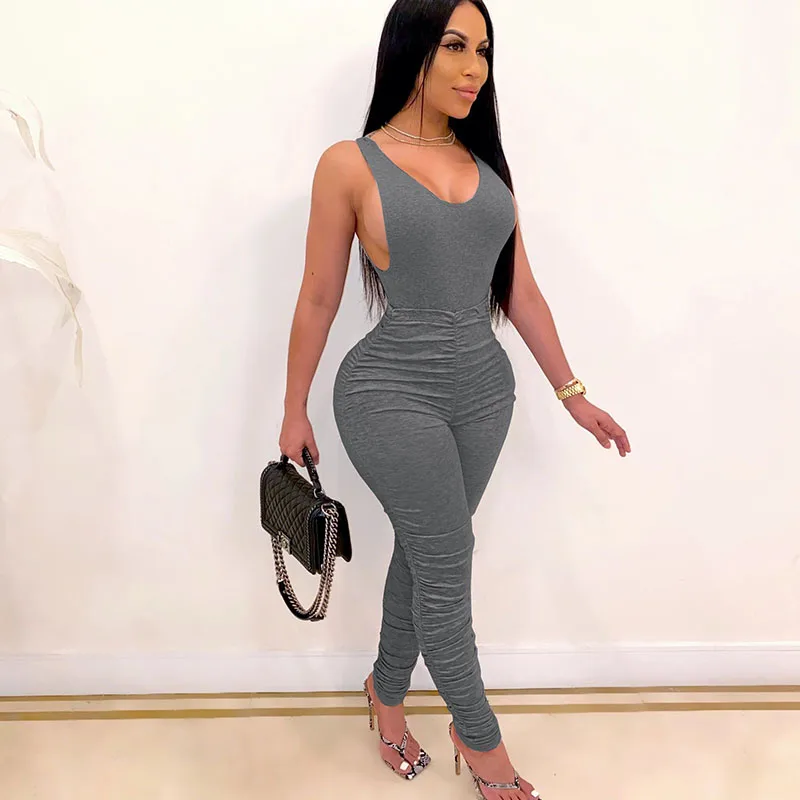 

Summer Solid 2 Piece Set Women Spaghetti Strap Sleeveless Backless Bodysuit and Ruched Pant Suits Sexy Club Outfit Matching Sets