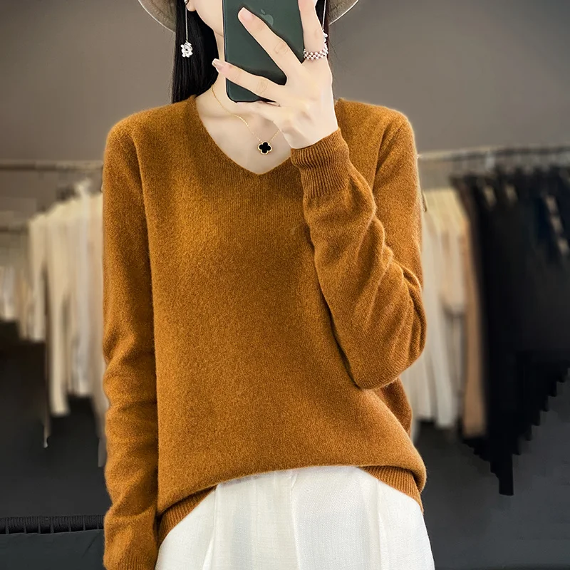 Women 100% Merino Wool Sweater V-Neck Basic Pullover Autumn Winter Cashmere Clothing Long Sleeve Soft Knitwear Tops Solid Color 6