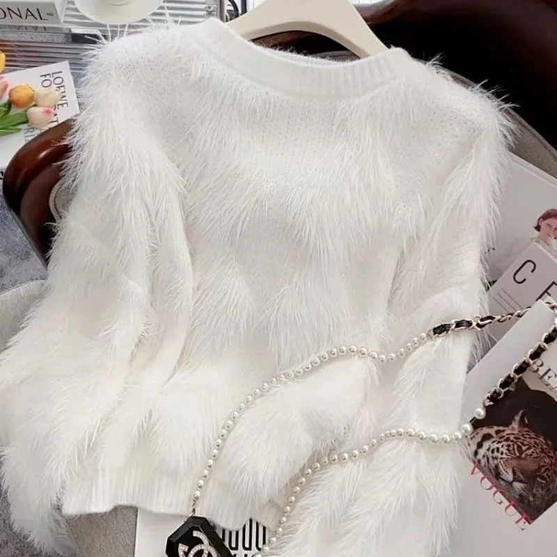 

Имитация норкового флиса, мягкий клеевой пуловер с круглым вырезом для женщин, 2023 осенне-зимний Свободный вязаный свитер