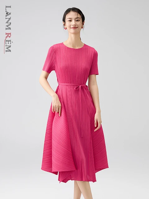 LANMREM Summer Pleated Dress Women 2025 New Tie High Waist ‌Trumpet Hem Dresses O-neck Short Sleeve Rose Pink Clothing 2DB2855