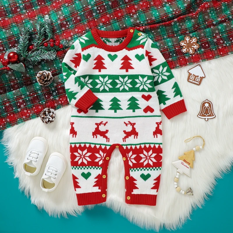 

Baby Girls Boys Sweater Rompers Christmas Clothes Christmas Tree Snowflake Deer Print Crew Neck Long Sleeve Fall Knit Bodysuits