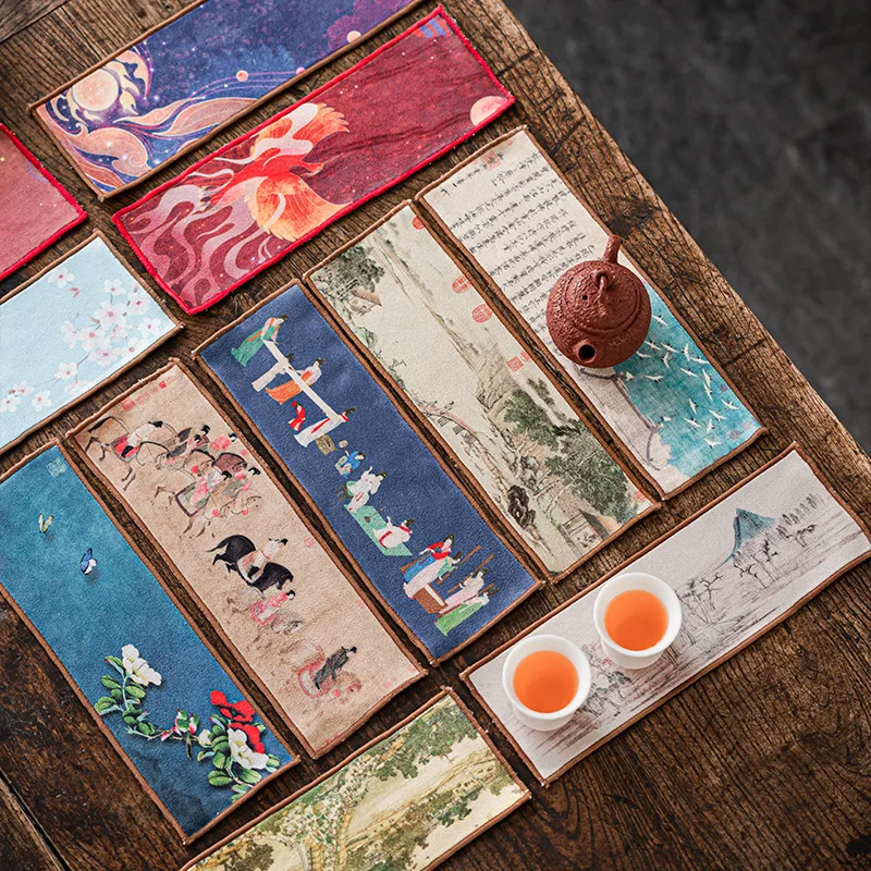 Chinese Painted Tea Set Towel Napkin Placemat Coaster Tableware Table Cloth Decoration Cotton Velvet Absorbent Mat