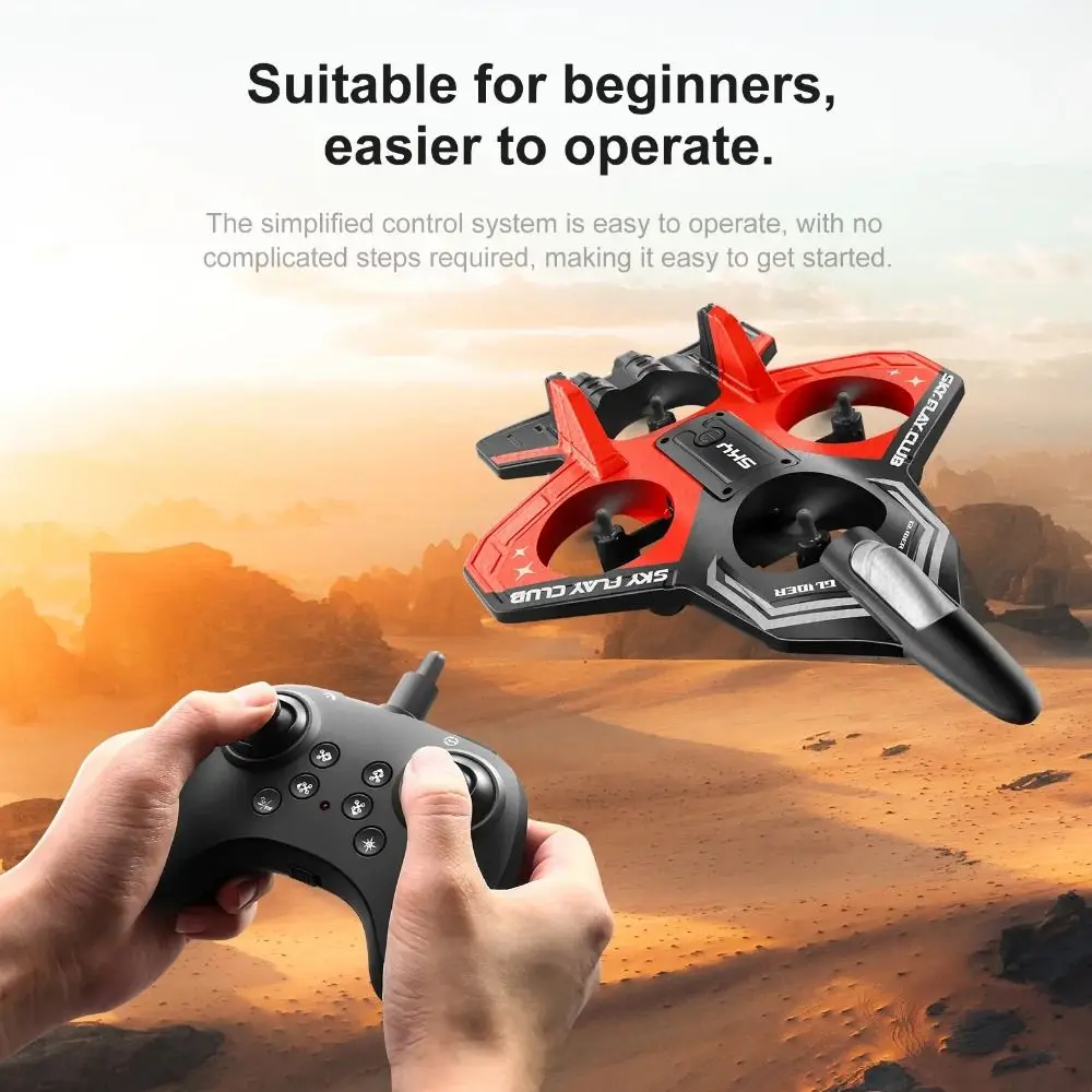 Enfant utilisant la télécommande pour faire voler le drone rouge et bleu, atterrissage automatique