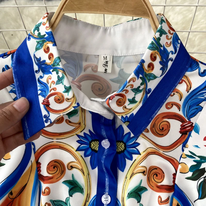 Spring Summer Runway Blue And White Porcelain Dress Women\'s Lapel Long Lantern Sleeve Belt Lace Up Ruffles Mini Vestidos N2024