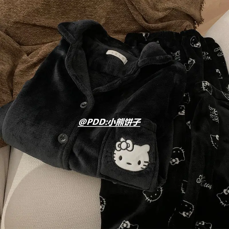 HELLOKITTY-Pyjama Noir Goutte Kawaii pour Bol, Doux, Sanurgente, Épais, Mignon, Décontracté, Maison, Vêtements, Automne, Hiver, Chaud - AliExpress