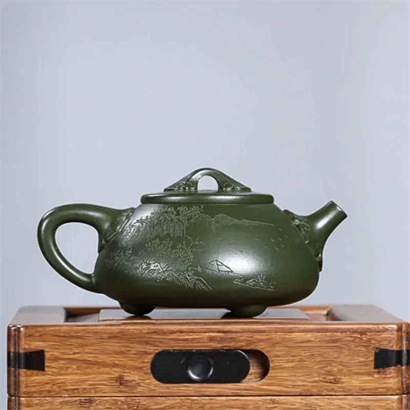 Yixing original mine green clay handmade carved purple clay teapot Landscape Ruyi Stone Ladle Purple Sand Pot Chinese teapot