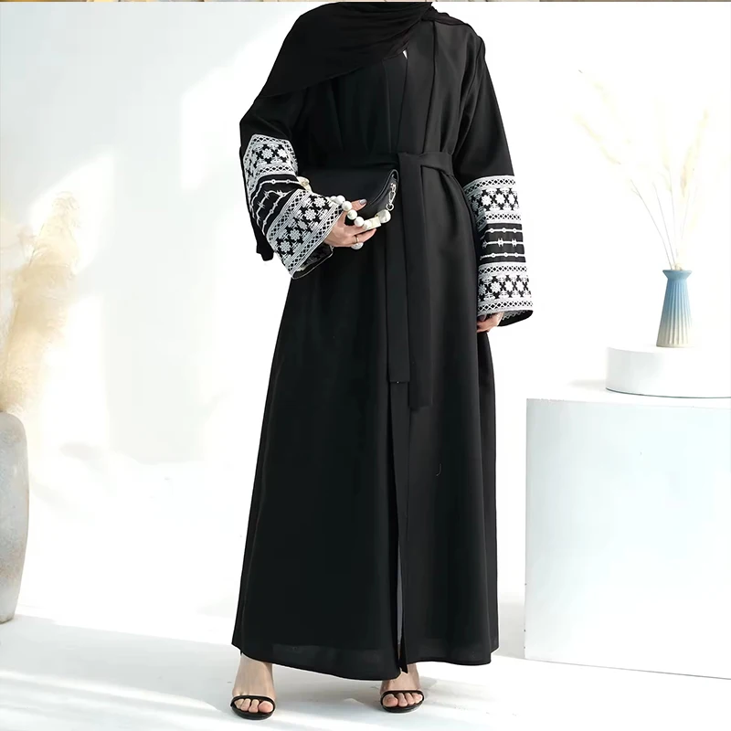 여성용 Eid 자수 무슬림 아바야, 라마단 원피스 모로코 레이스업 아바야스 카..