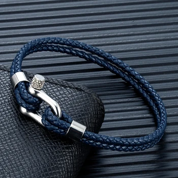 MKENDN Black Stainless Steel Shackle Bracelet Simple Double Layer Blue Leather Bracelets for Men Women Handmade Nautical Jewelry