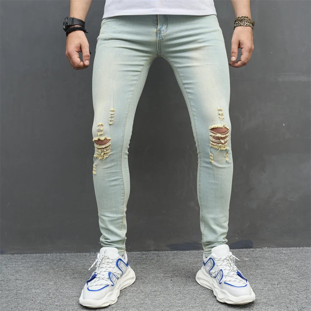 Men Vintage Holes Solid Stretch Skinny Jeans Trousers Stylish Ripped Male Cotton Jogging Slim Casual Denim Pants