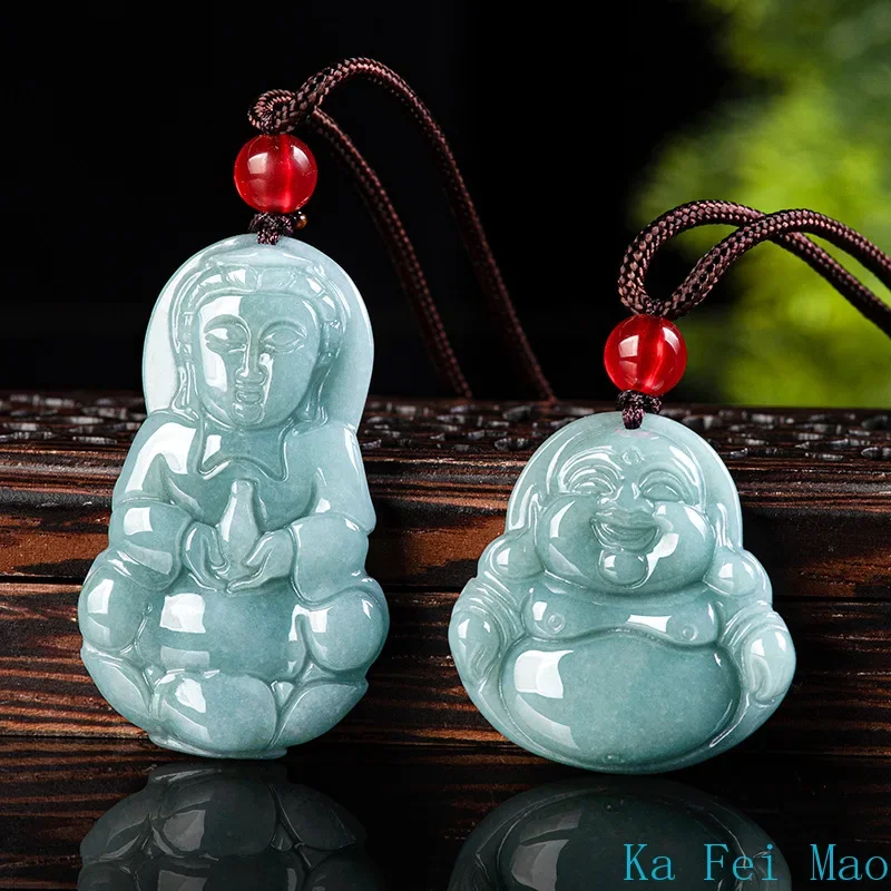 Natural A-grade Jade Blue Water Medium Guanyin Buddha Statue Pendant Necklace pendant necklace For Men's Gifts Women's Ice Jadeite Charms Jewelry
