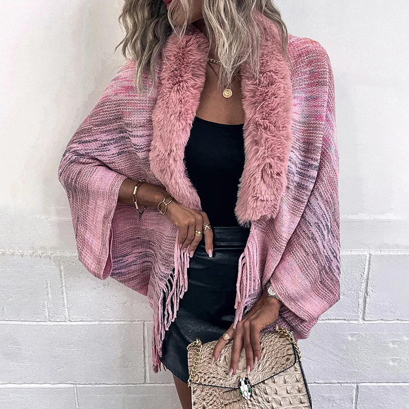 Women Vintage Rainbow Striped Knitted Poncho Cape Fur Collar Stoles Oversized Cardigan Tassel Long Shawl Scarf Sweater Knitwear