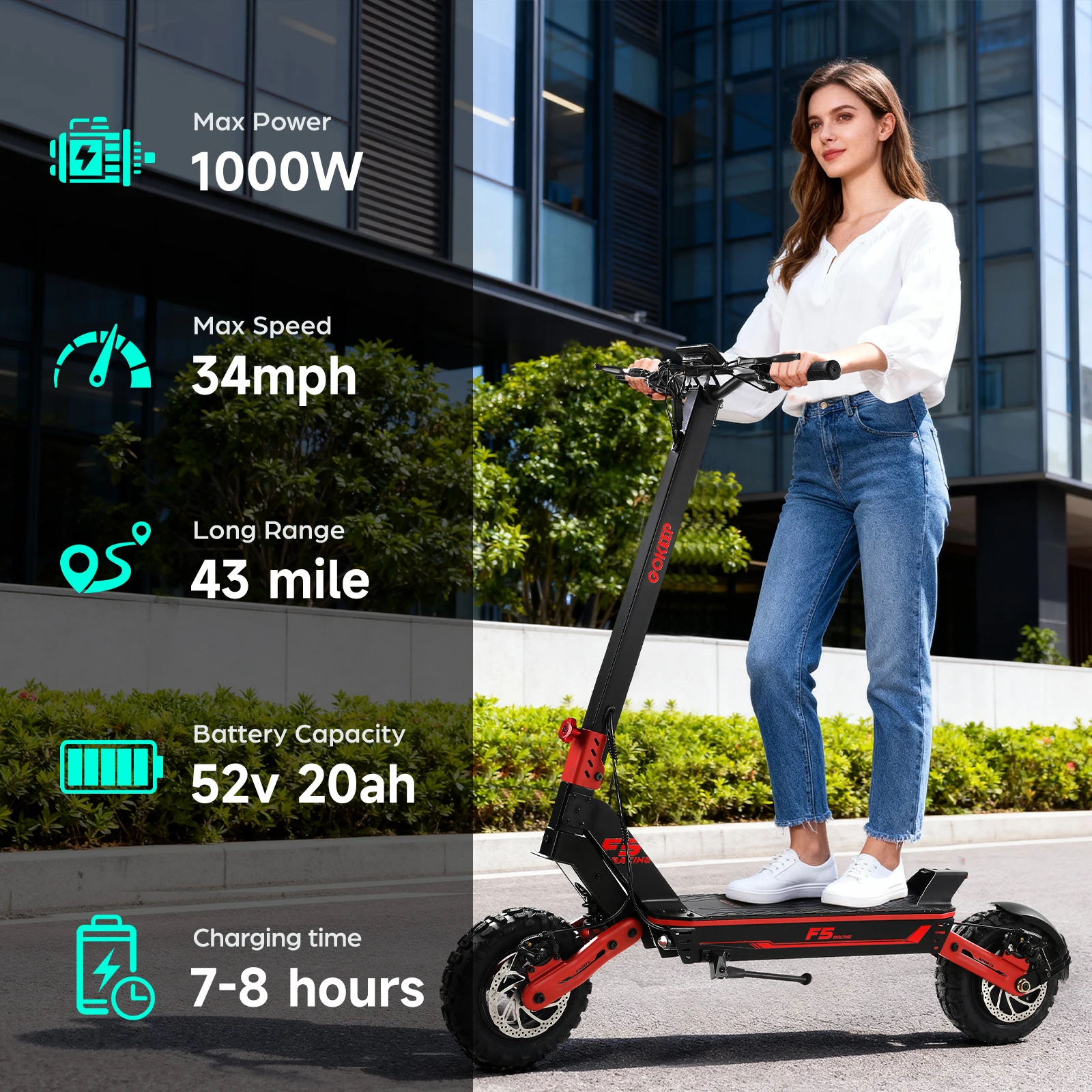 Monopattino Elettrico Gokeep F5 1000W 52V 20Ah 11" Fuoristrada Pieghevole per Pendolari con Doppia Sospensione Idraulica 70km 55km/h Rosso - immagine 2