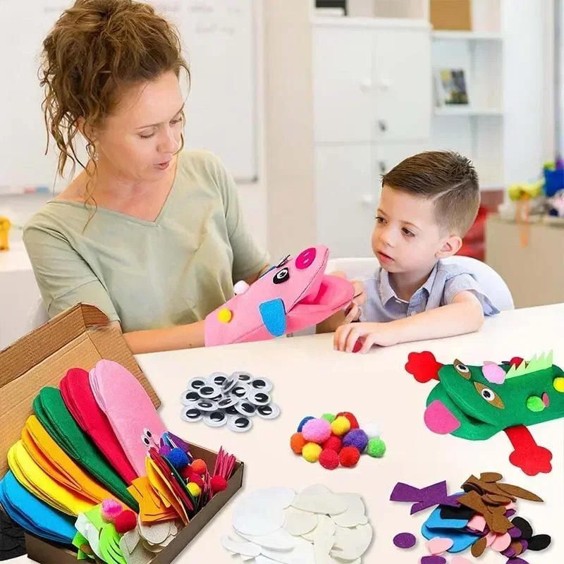 6Pcs/set Hand Puppet Making Kit for Kids Art Craft Felt Toys Make Your Own Sock Puppet Pompoms Wiggle Googly Eyes DIY Material