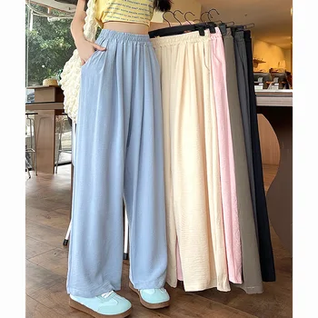 Summer Women Sweet Colorful Ice Silk Pants Lady Baggy Versatile Elastic Straight Leg Trousers Female Wide Leg High Waisted Pants 1