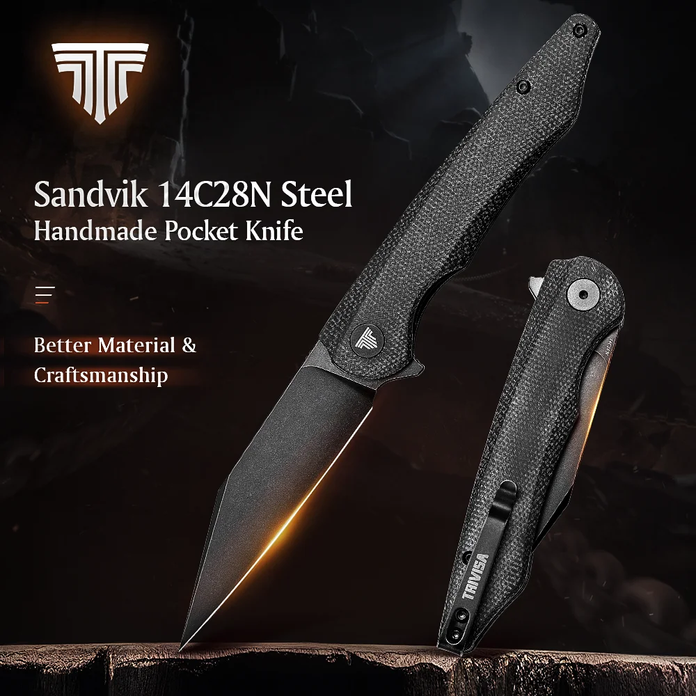 TRIVISA Folding Pocket EDC Knife with Flipper Opening 3.7&quot 14C28N Steel Blade Knives for Men Micarta Handles Hunting |