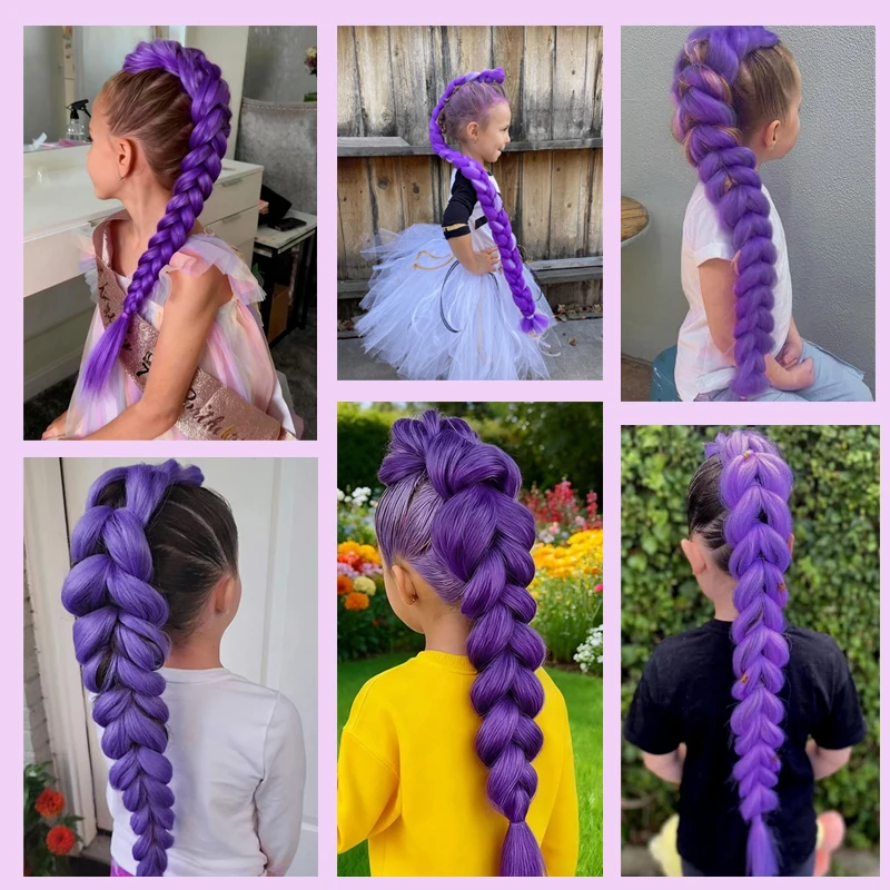 28inch Long Braided Purple Hair Ponytail Extensions Claw Clip Hair Wig for Kids Costume for Chritmas Theme Party Purple Wig Hair