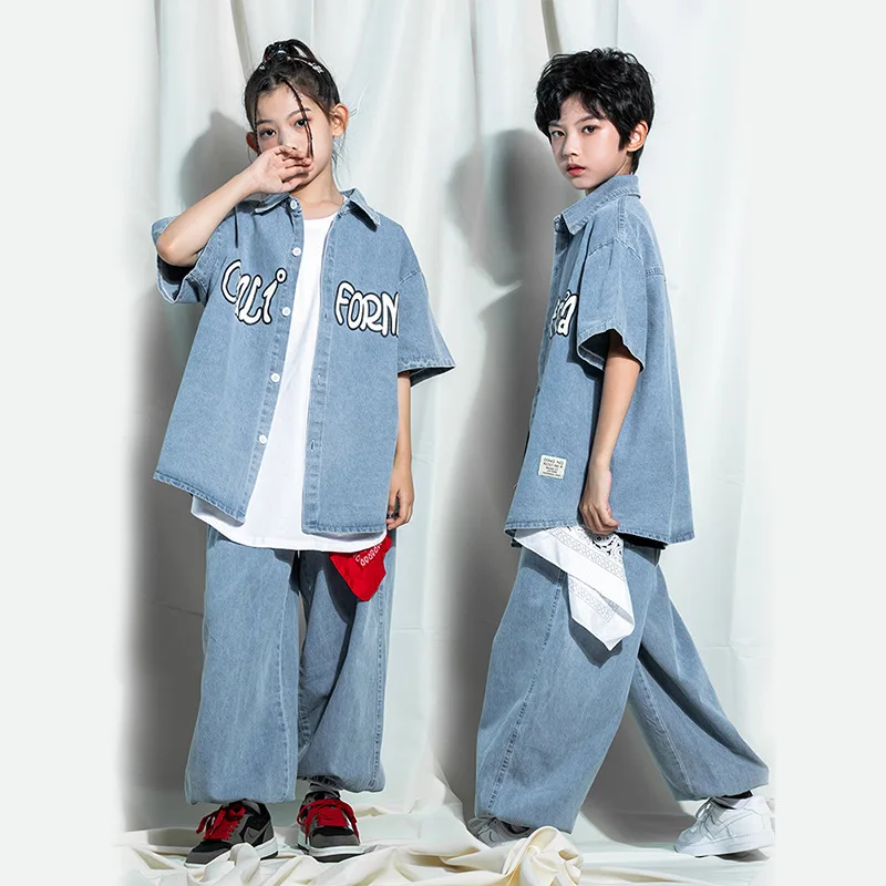Boys Street Dance Denim Shirt Loose Jeans Girls Hip Hop Jacket