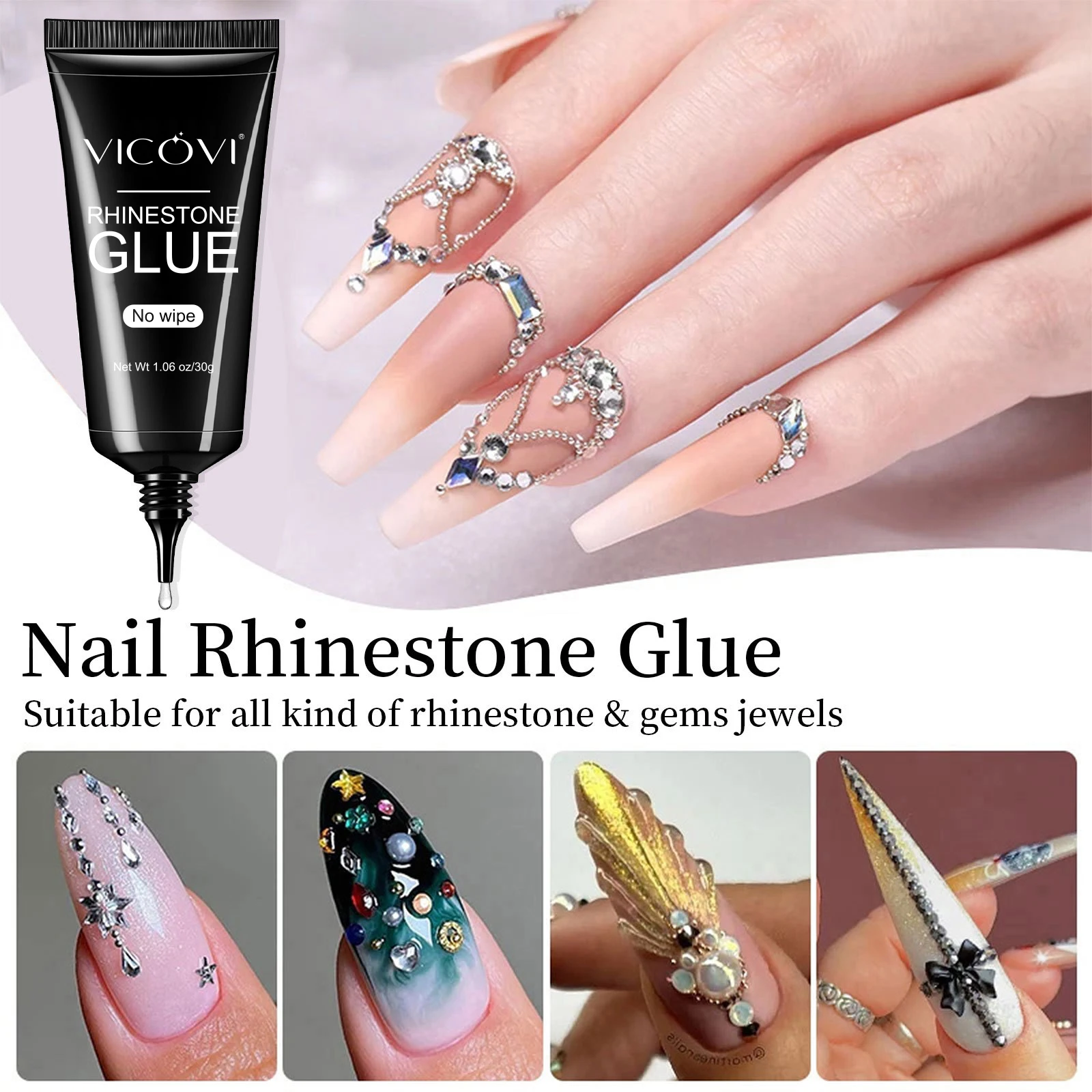 30g Super Strong Nail Rhinestone Glue - No Wipe Gel Adhesive For Crystals Diamonds & Beads UV Lamp Cured False Nails Charms Glue 3
